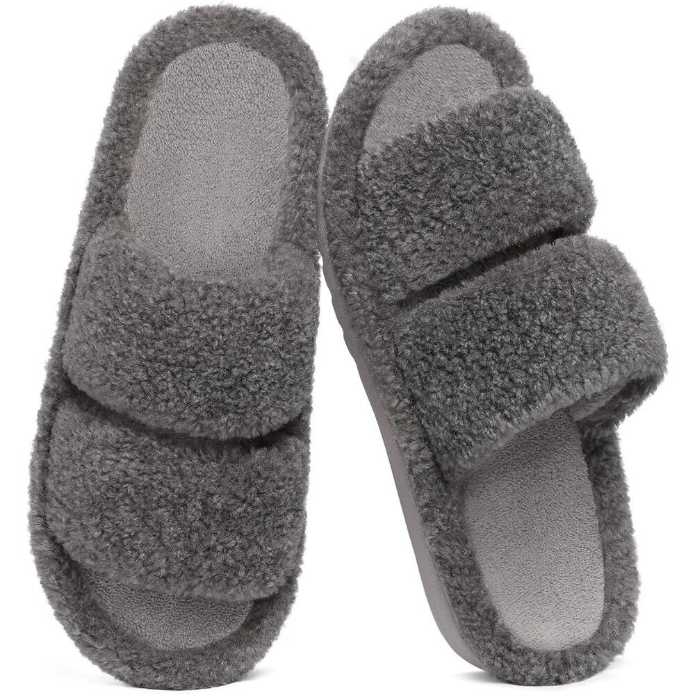 Women's Fuzzy Gray Moderate Arch Support Open Toe Cozy Bedroom Slippers  Shoes